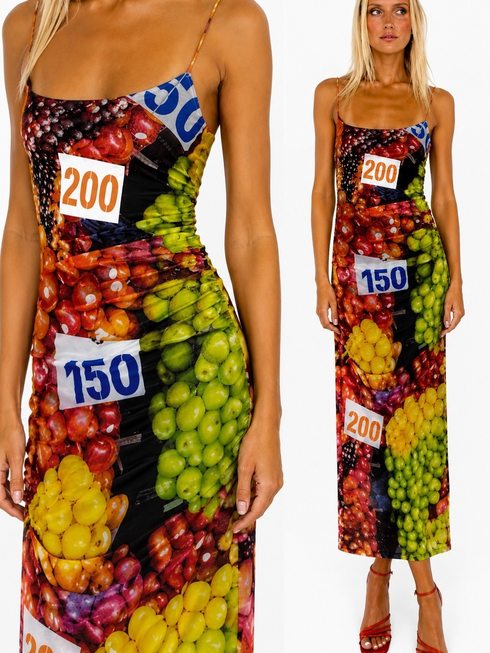 Zara Fruit Market Print Ruched Mesh tulle Slip Midi Dress Side Slit M Influencer